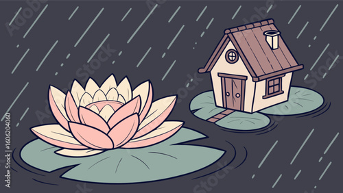 Cartoon house on lily pad in rain illustration vector graphic nature scene water lily flower drawing art