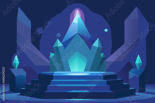 Mystical crystal throne room with glowing blue energy