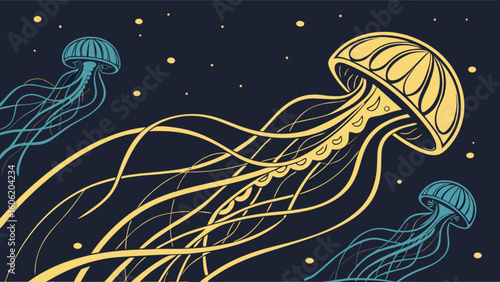 Explore ocean life with jellyfish art print featuring glowing jellyfish in deep sea marine biology concept