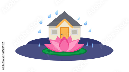 House lotus flower rain illustration vector graphic design nature art home architecture building water pond