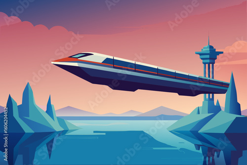 Futuristic maglev train soars over watery landscape at sunset
