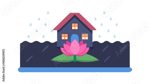 House on water with lotus flower illustration home architecture building residential rain nature peaceful scene