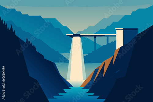 Majestic dam and waterfall in a mountainous landscape
