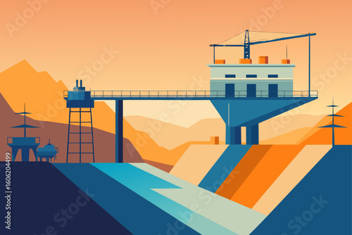 Industrial landscape with crane and elevated structures