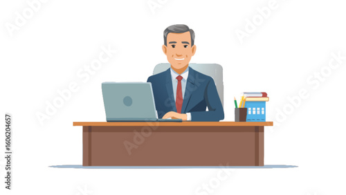 Illustration of professional businessman working on laptop at office desk in a corporate environment