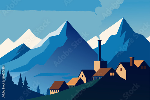 Stylized mountain village with snow capped peaks and smoking chimney