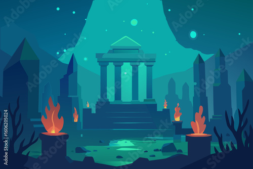 Ancient ruins with glowing torches and a temple under a starry sky