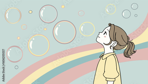 Girl looking at bubbles illustration, pastel colors, rainbow background, happy childhood, dream, vector art