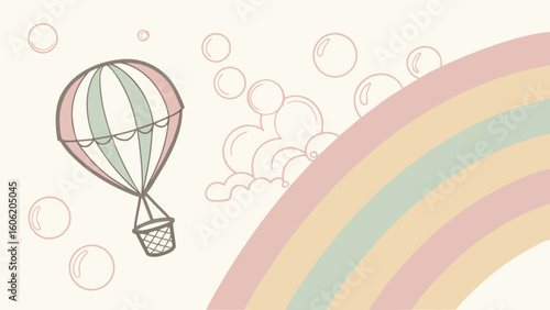 Pastel hot air balloon rainbow and bubbles illustration for kids room decor and nursery art print design