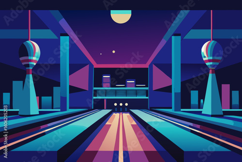 Stylized bowling alley with futuristic towers and neon lighting