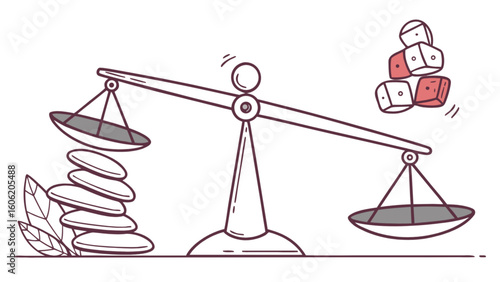Balance scale with stones and dice illustration for equilibrium concept and comparison of value idea
