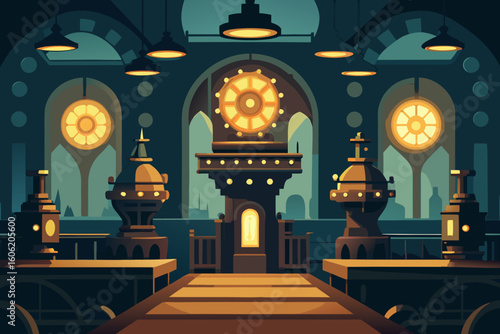 Steampunk interior with ornate machinery and glowing lights