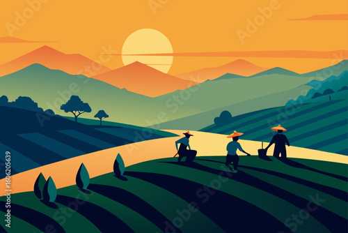 Farmers working in terraced fields at sunset with mountains
