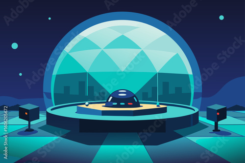 Futuristic dome with control pod and sci fi landscape
