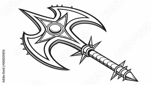 Fantasy battle axe weapon drawing vector illustration for medieval game asset and rpg design element