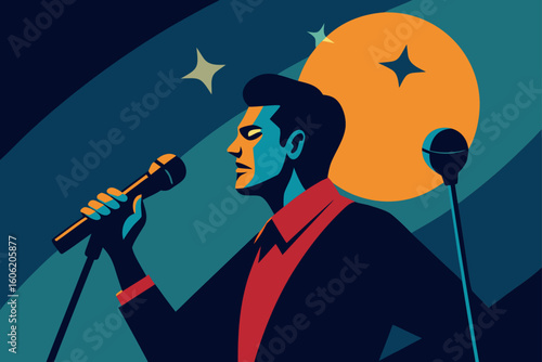 Stylized singer performing under a spotlight with stars