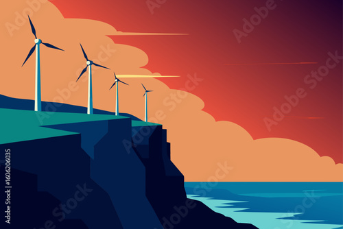 Wind turbines on a cliff overlooking the ocean at sunset