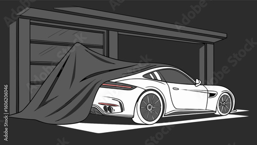 Unveiling the future white sports car covered in garage a sleek automotive design and luxury vehicle