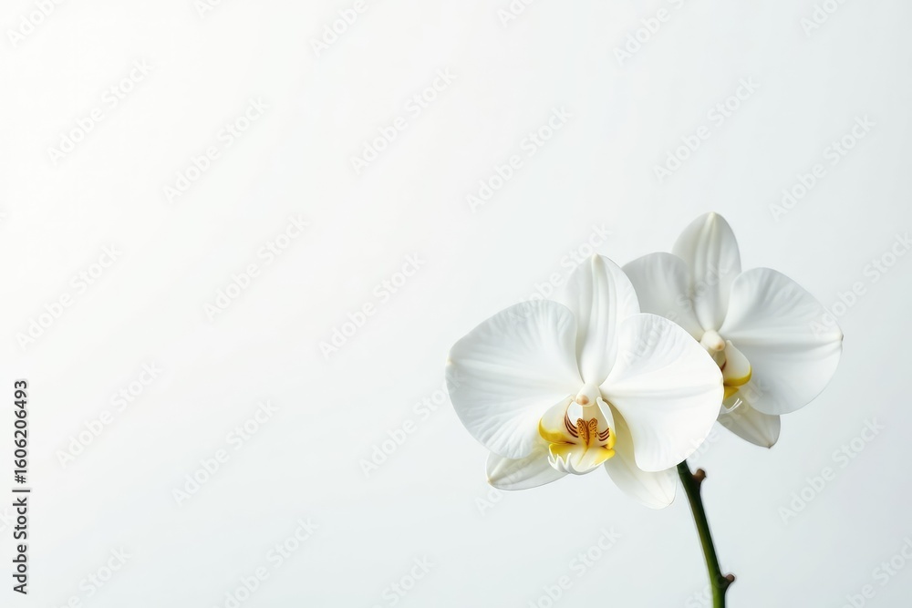 Fototapeta premium Delicate white orchid blossom, pristine petals against pure white backdrop, beauty, organic