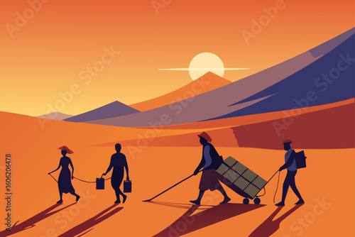 Silhouettes of people walking across a desert landscape at sunset