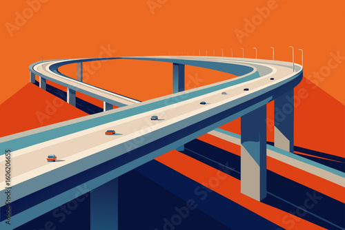 Stylized overpass with cars under an orange sky