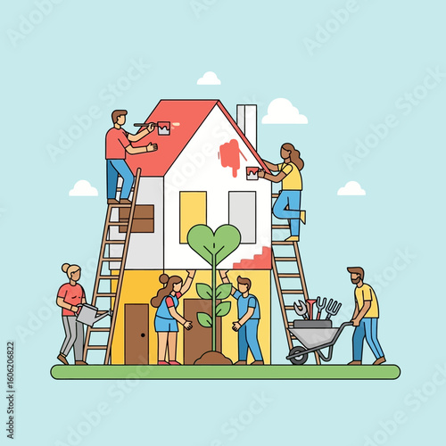 Community Volunteers Renovating a House Planting a Tree and Working Together.