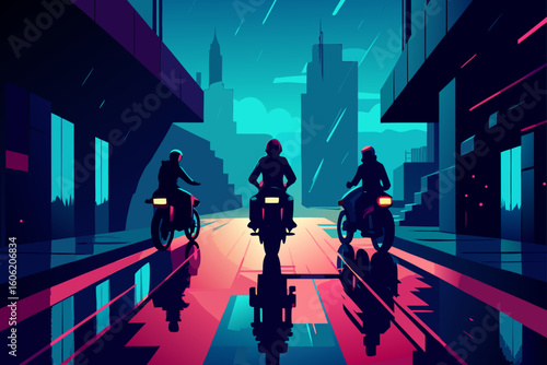 Three motorcyclists ride through a neon lit city street at night