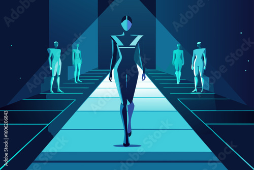 Futuristic fashion show with models on a catwalk