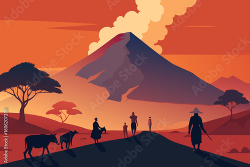 African sunset landscape with people and cattle