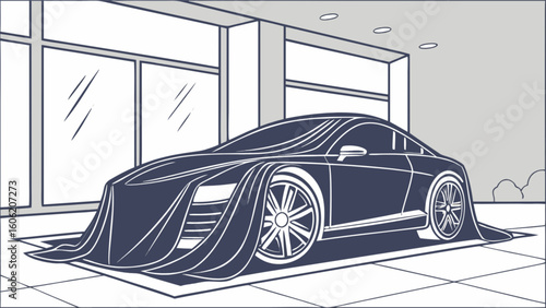 New car reveal covered in cloth unveiling concept vehicle automotive industry showroom luxury auto show