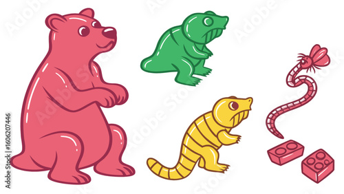 Gummy candy animals vector illustration including gummy bear gummy dinosaur gummy worm and gummy bricks art