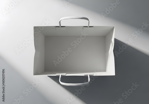 Minimalist top view of an empty white paper shopping bag with shadows on a clean background