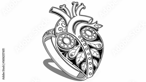 Anatomical heart illustration with intricate details and artistic design for medical and creative projects