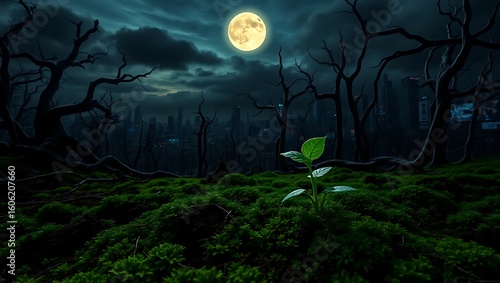 A single plant growing in a dark forest under a full moon with city in the background at night