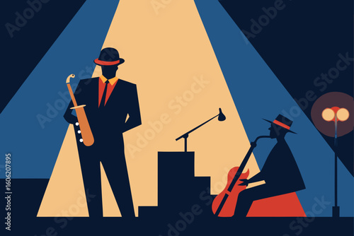 Jazz musicians performing under stage lights