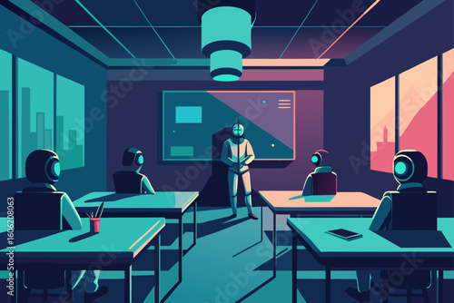 Robots in a classroom learning from a teacher robot