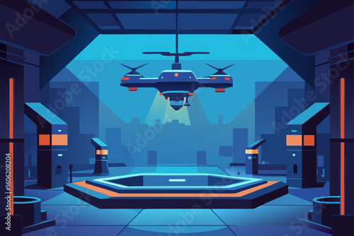 Futuristic drone docking bay with neon accents and cityscape view