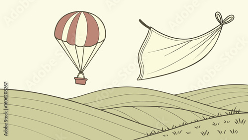 Vintage hot air balloon ride over rolling hills landscape vector illustration travel and adventure design