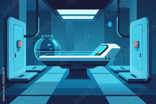 Futuristic medical bay with cryo pod and diagnostic equipment