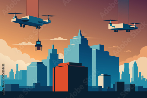 Drones deliver cargo over a stylized cityscape at sunset