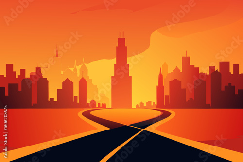 Stylized cityscape at sunset with a winding road