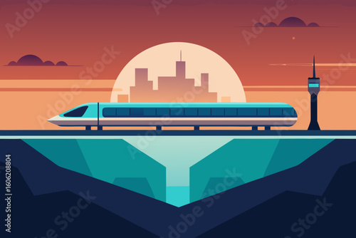 Modern high speed train travels through a stylized cityscape at sunset