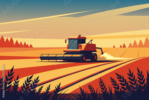 Combine harvester working in a golden field at sunset