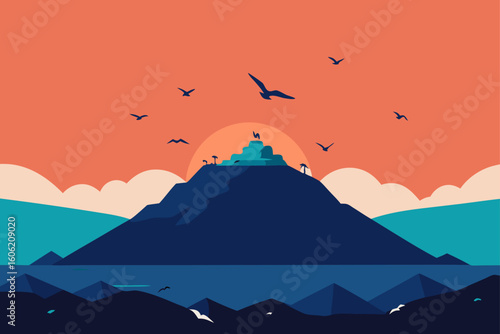 Serene sunset over a mystical island with ancient ruins and soaring birds