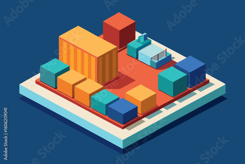Isometric illustration of colorful shipping containers and cargo blocks