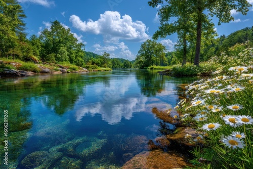 Clear River Flowing Through Vibrant Green Forest with White Daisies