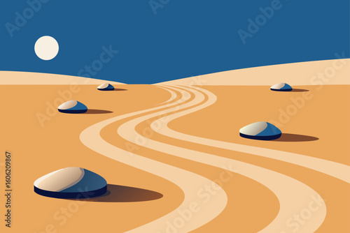 Minimalist desert landscape with winding path and scattered stones under a pale moon