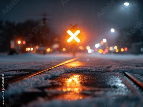 Glowing Railroad Crossing Sign on Snowy Night with Bokeh Light Effects
