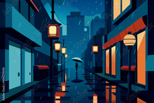 Lone figure with umbrella walks down a rainy city street at night