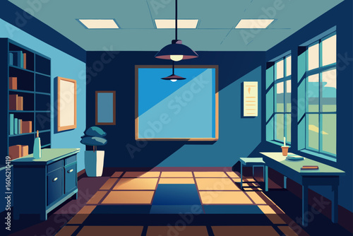Sunlit room with bookshelves and a large window